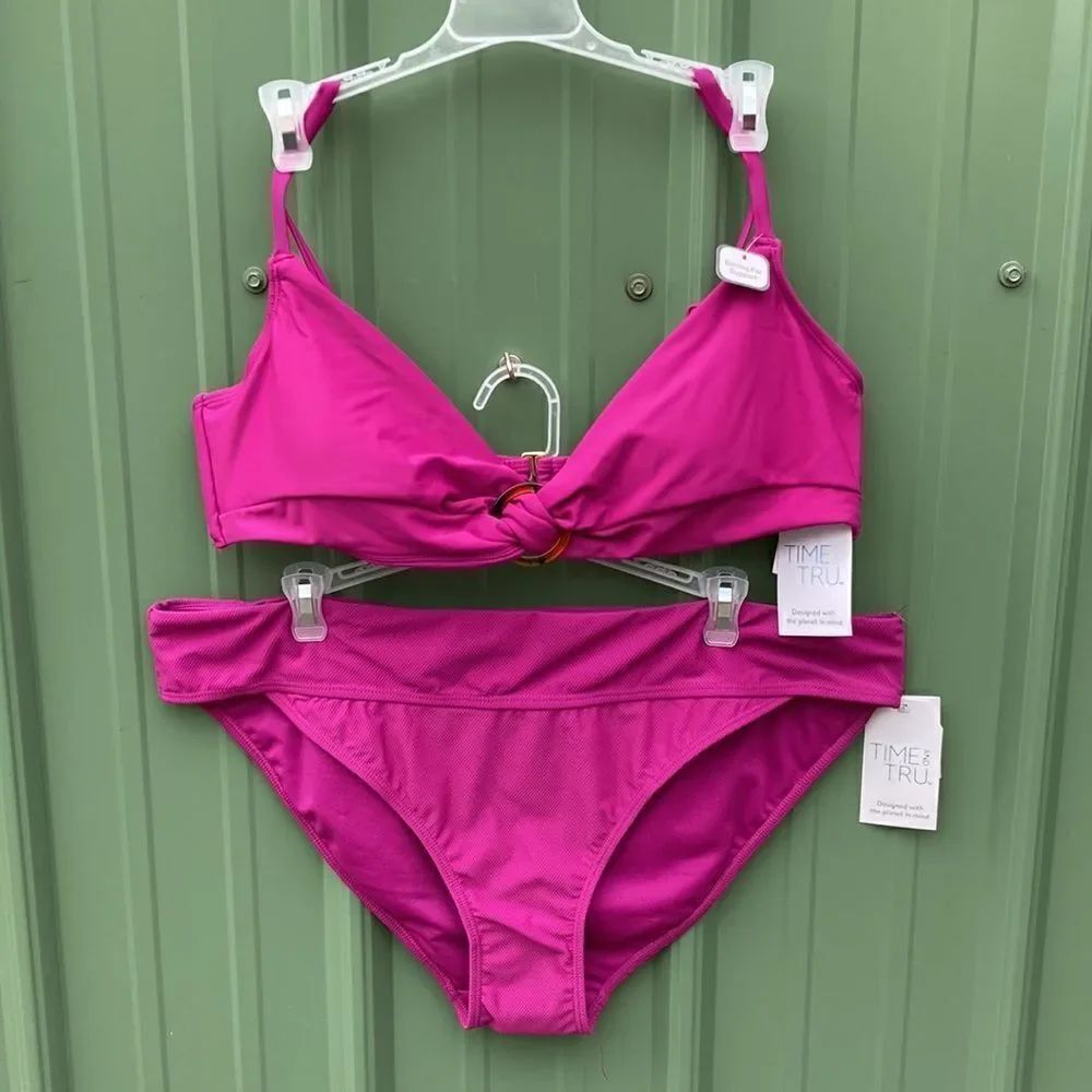 Women’s Swim Top & Mid Rise Pique Bikini Bottom Swimsuit Bathing Suit Size XL